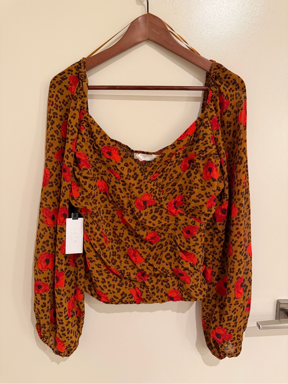 ASTR the Label Red Floral Cheetah Print Blouse